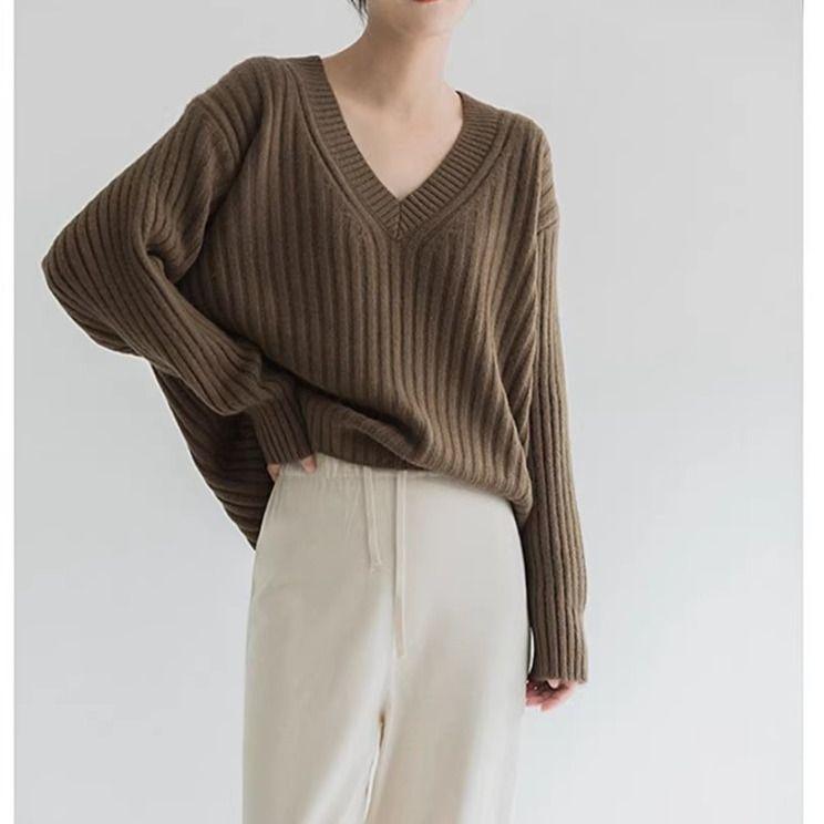 Jerséis Básicos de Punto para Mujer Otoño Invierno Cálido Suéter Cuello en V Moda Holgado Manga Larga Clásico Casual Tops de Punto