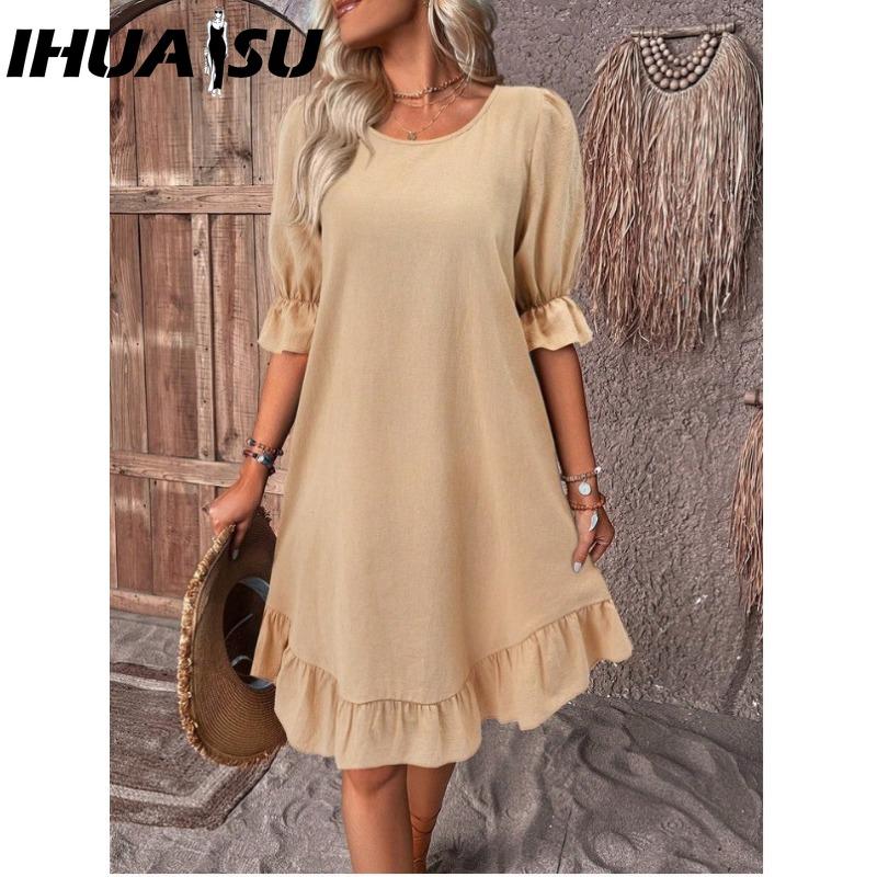 IHUASU Women's Fashion Summer Spring Solid Color Print Short Sleeve V-Neck High Waist Casual Dresses