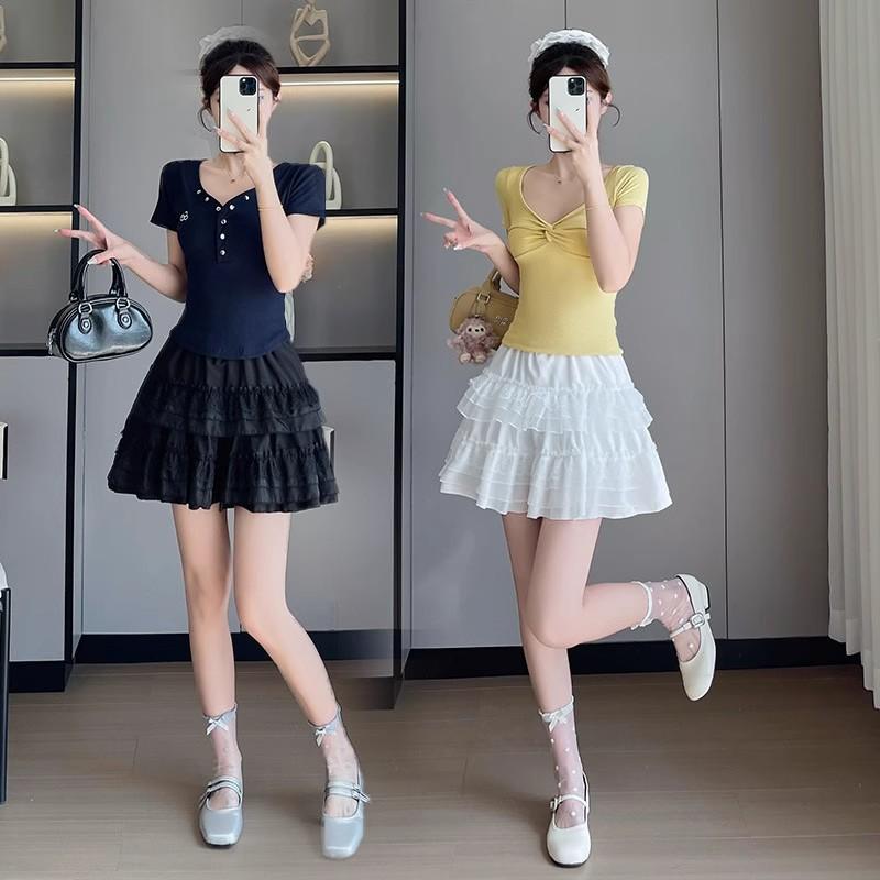 Women High Waist A-line Puffy Tiered Skirt Lace Ruffle Anti-light Princess Mini Skirt Summer 2025