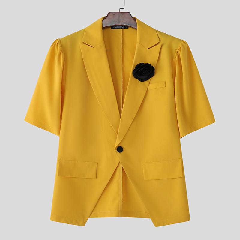 

INCERUN Summer Men Turn-down Collar Half Sleeve One Button Floral Casual Party Short Thin Blazer Coats 5XL жёлтый