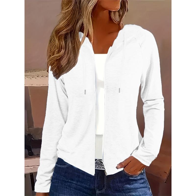 Solid Zip Up Hoodie, Casual Long Sleeve Drawstring Hoodie Sweatshirt, Women's Clothing
