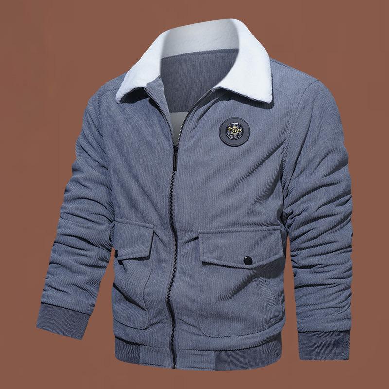 Fleece and thicker outer wear lamb wool casual lapel collar multi-pocket winter zipper medium corduroy cotton coat men's coat