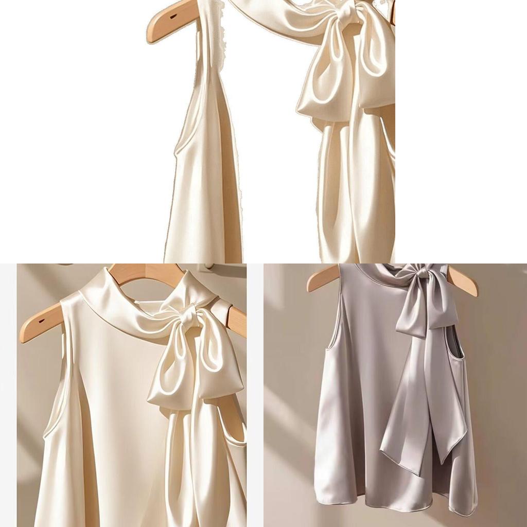 Französische Champagnerfarbene ärmellose Satinbluse mit Schleife für den sommerlichen Freizeitlook