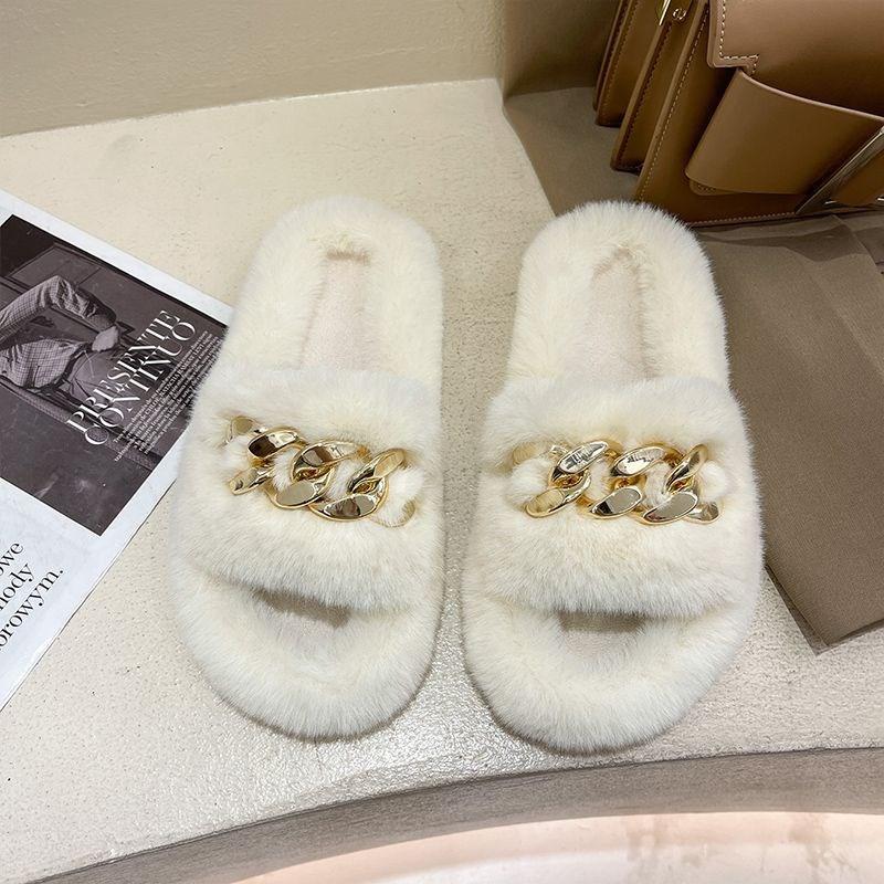 Height-increasing thick-soled fluffy slippers women wear autumn and winter chain Internet celebrity explosion muffin soft-soled fashion slippers sp