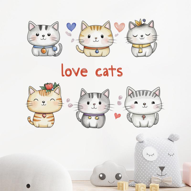 Ręcznie Malowane Kreskówkowe Naklejki Ścienne z Rodziną Kotów dla Pokojów Dziecięcych i Żłobków