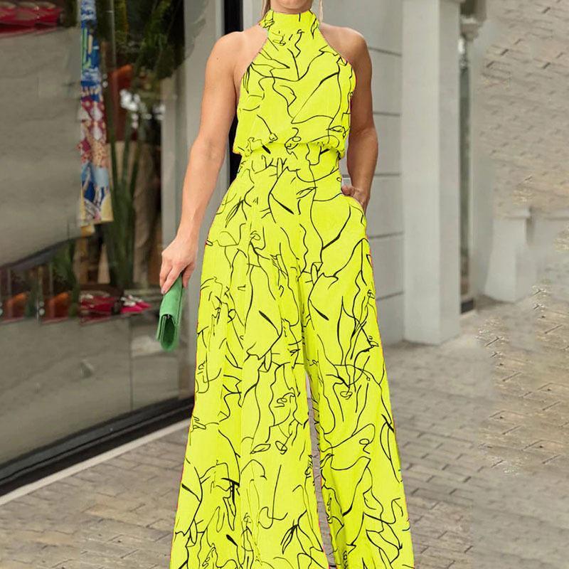 Women's Sleeveless Crew Neck Slimming Print Jumpsuit with Lace-up