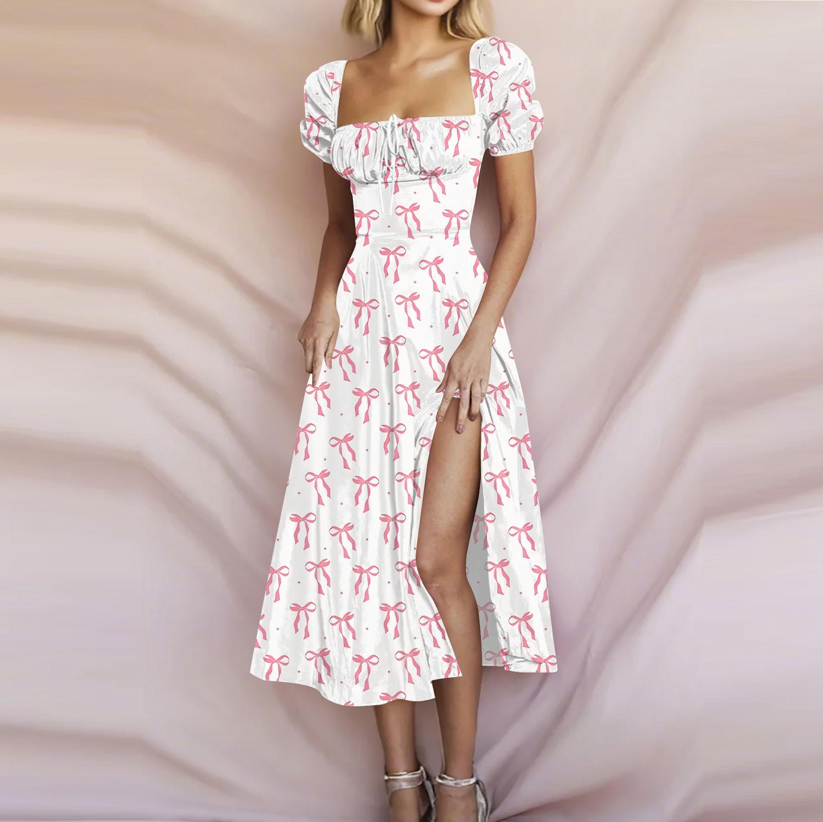 

Women s Summer Fashion Floral Print Chest Tie High Waisted Bubble Sleeve Waist Slit Dresses L світло-рожевий колір