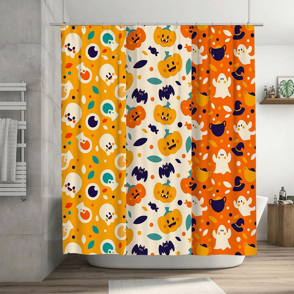 Halloween Pattern Shower Curtain Set Waterproof Decoration for Bathroom Bright Colors Pumpkin Ghosts Halloween Party Supplies Or