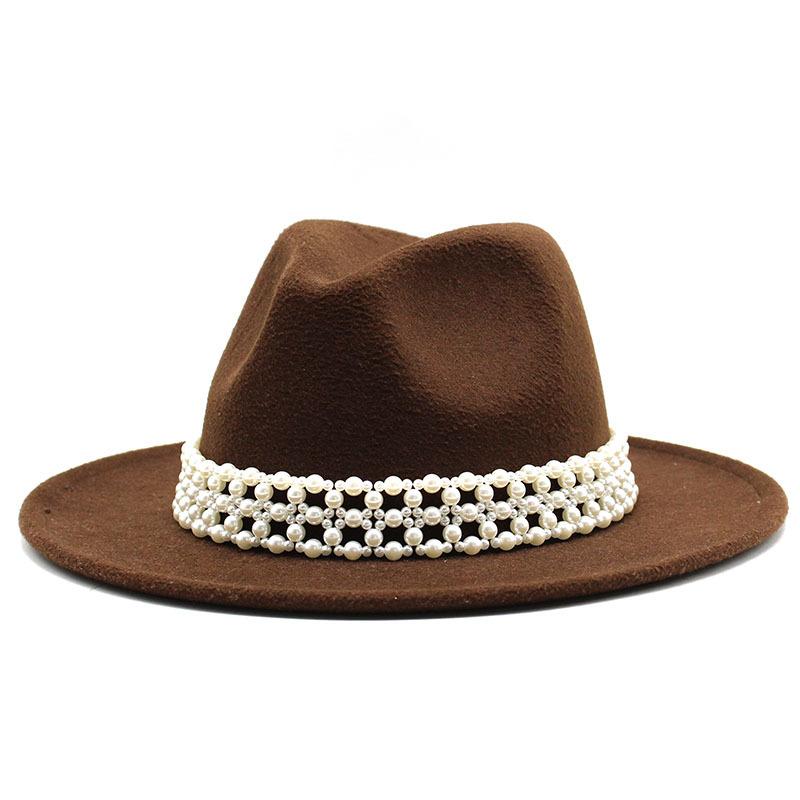 High-Grade Pearl Woolen Top Hat, Flat-Brimmed Big Eave Hat, Versatile Straight-Brimmed Jazz Hat