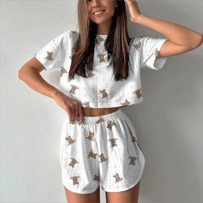 Summer Ladies Casual Two Piece Sport Printed Hollow Split Shorts Set Elegant Women's Sets