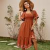 Summer Women's Short Sleeve Smocked Square Neck A-Line Flowy Long Maxi Dress