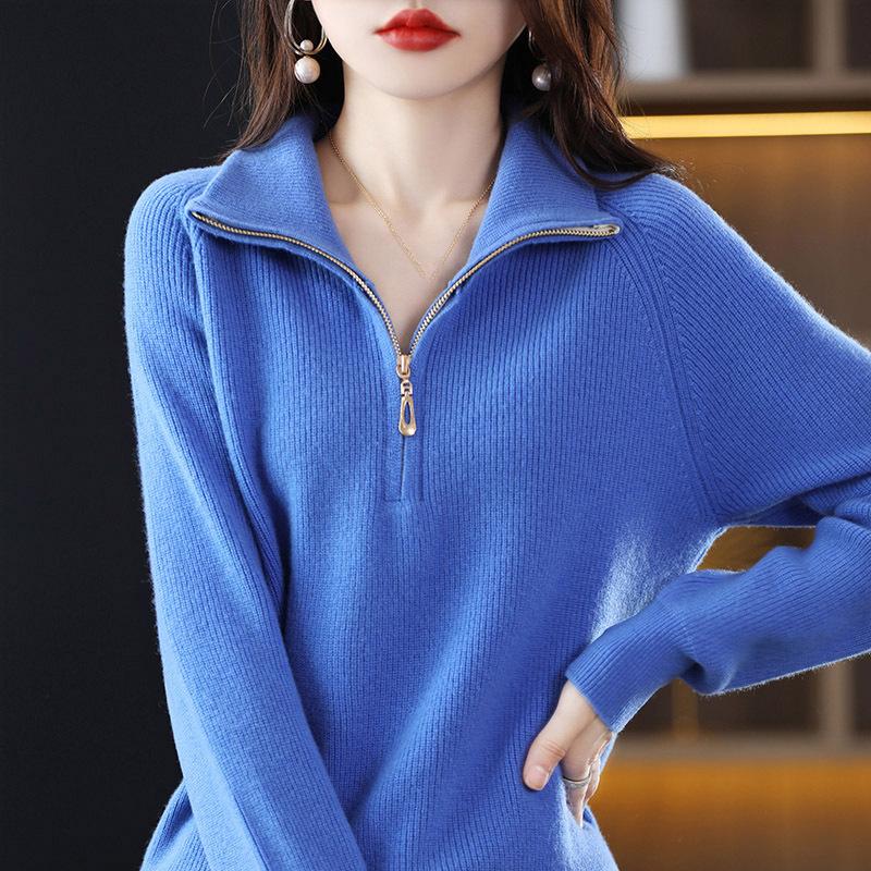 Autumn Winter Turn Down Collar Solid Color Zipper Pullover Sweater Women Loose Casual All-match Knitting Top