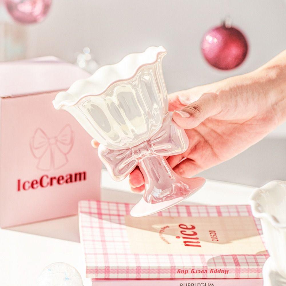 Ceramic Dessert Cup Multi-Function Tea Cup Dessert Tools Bow Shaped Ice Cream Cup  Desktop