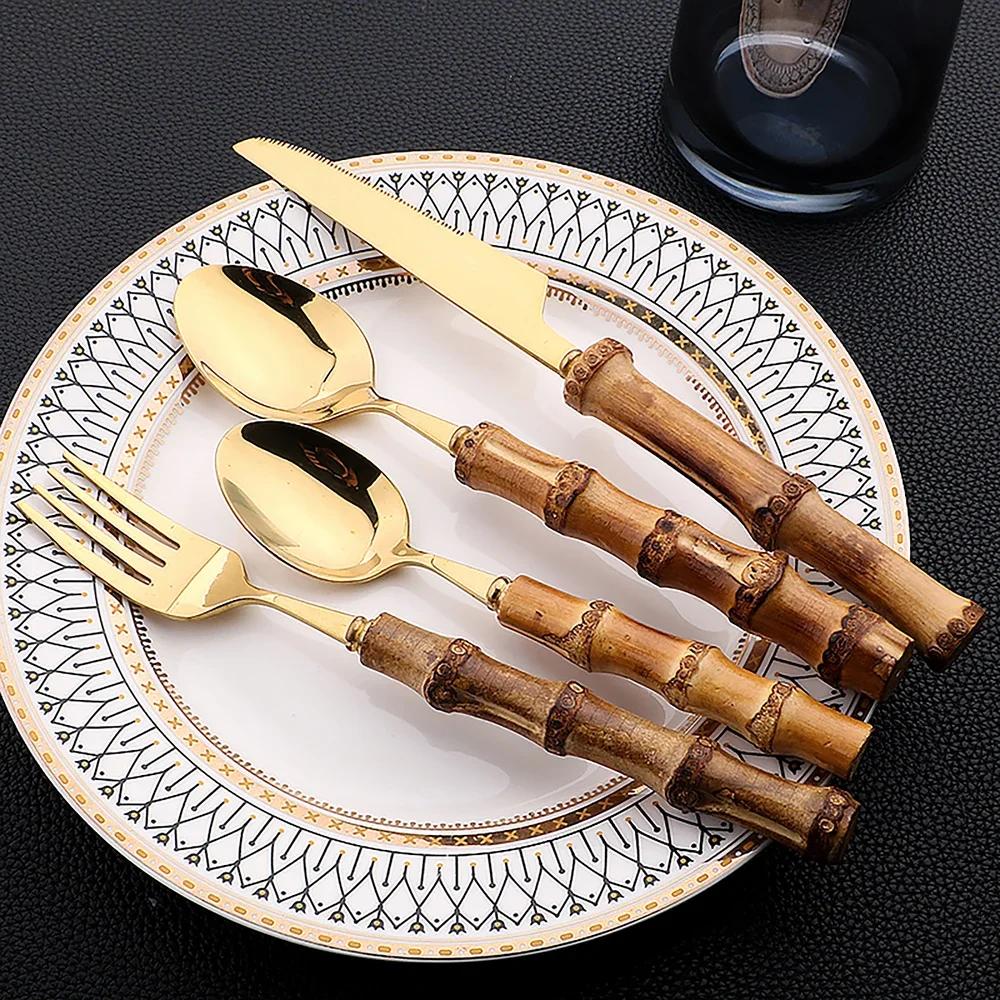 Set di posate da 16 pezzi in acciaio inossidabile con manico in bambù naturale, stoviglie, posate da cucina, include forchette, cucchiai, coltelli, posate da tavola