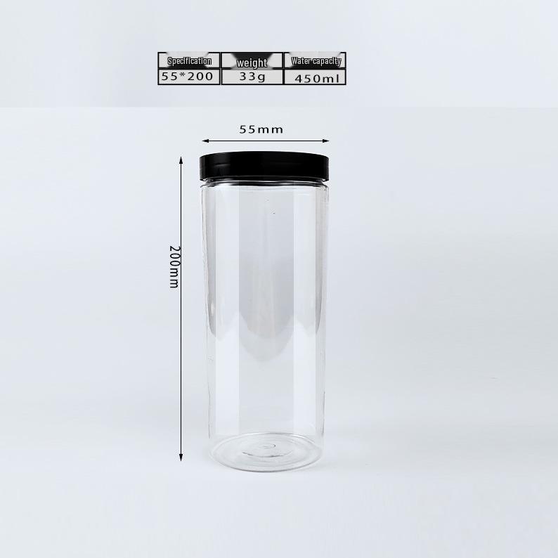 Black Lid Wide Mouth PET Food Jar for Snacks, Nuts, Grains, and Honey.