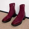 Módní Retro Kotníkové Boty se Čtvercovou Špičkou a Bočním Zipem Dámské Vysoce Kvalitní Bordové Boty z Umělého Semiše Zimní Teplé Strečové Boty Platformové Boty