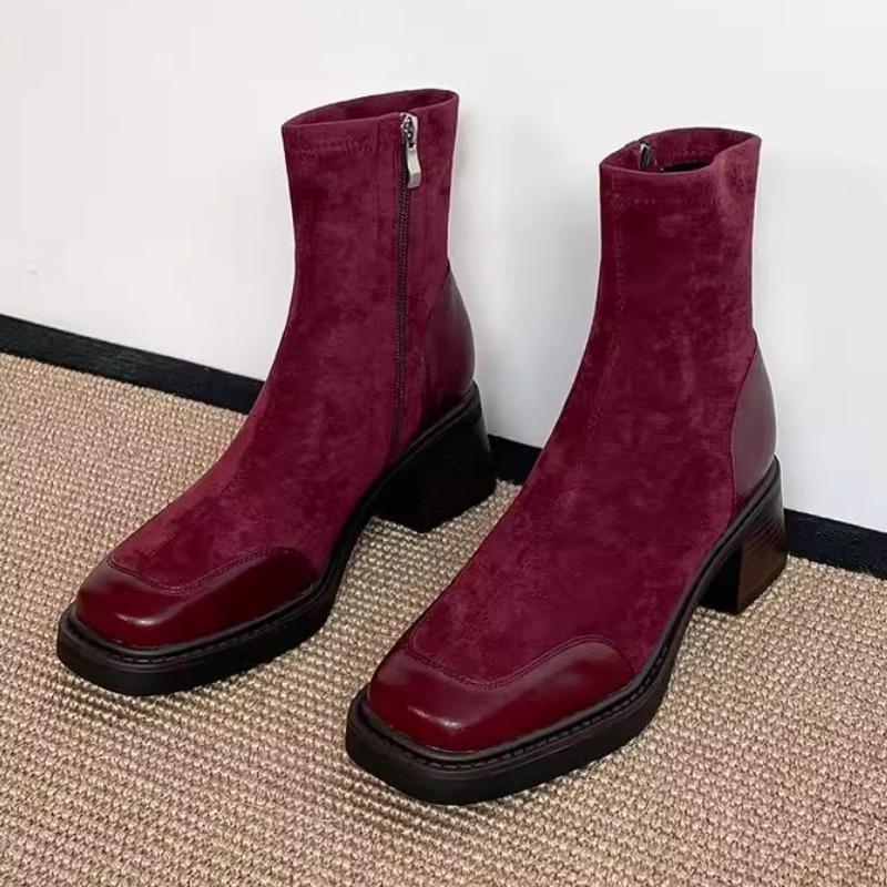 

Модные ретро ботильоны с квадратным носком и боковой молнией для женщин, высококачественные бордовые ботинки из искусственной замши, зимние теплые эластичные ботинки на платформе 40 коричневый