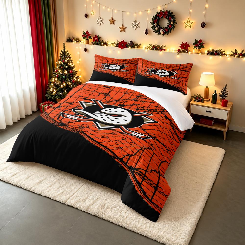 3 Piece Bedding Set Anaheim Ducks NHL Hockey Mask Logo Orange Map Print Duvet Cover for Men Fan Gift