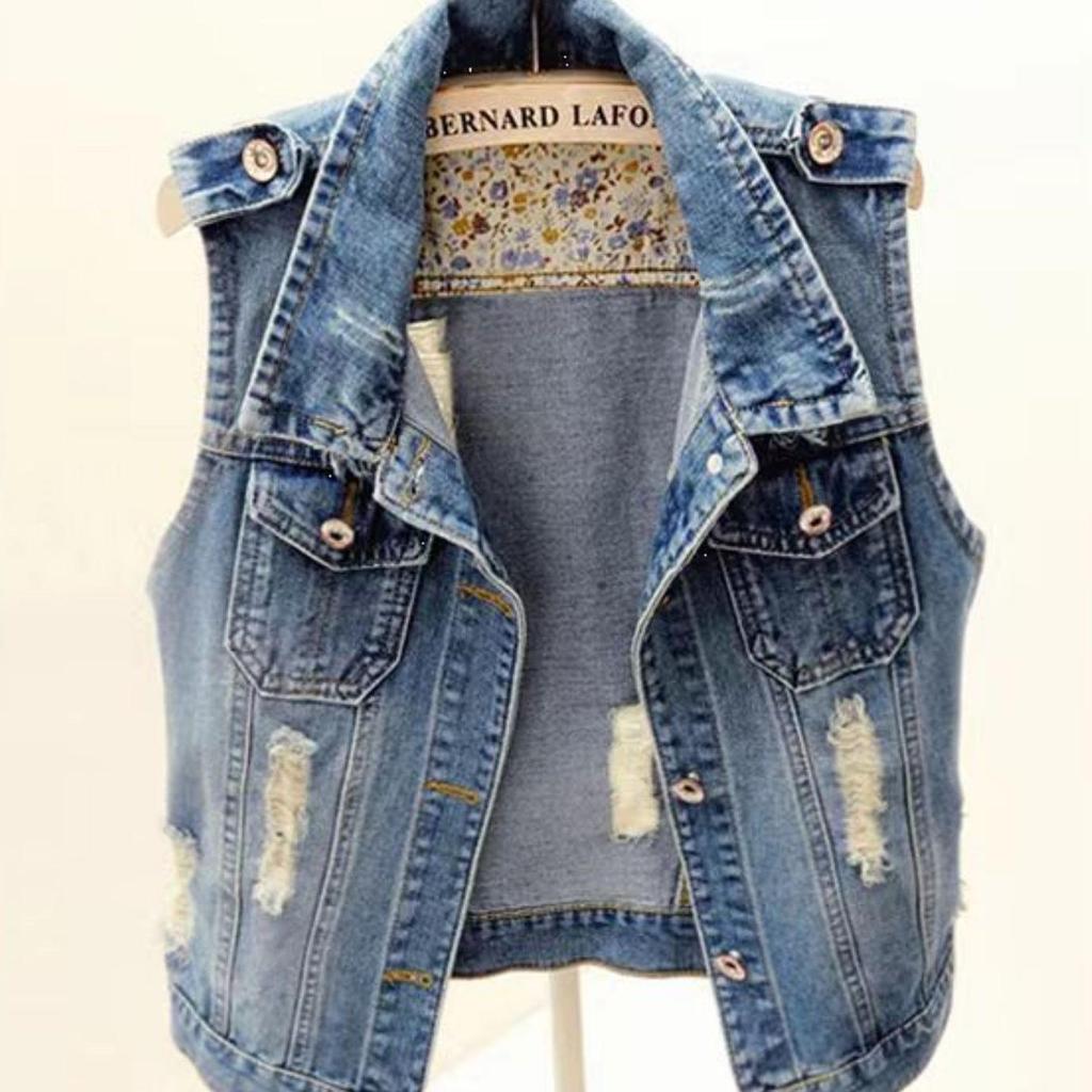 Damen Plus Size Retro Gewaschener Denim Zerrissener Weste