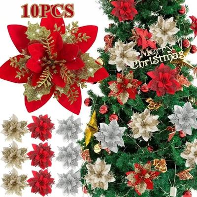 Flores Artificiales de Navidad Poinsettia Roja Dorada con Purpurina con Clips Adornos para Árbol de Navidad Guirnalda DIY Decoraciones de Boda Año Nuevo