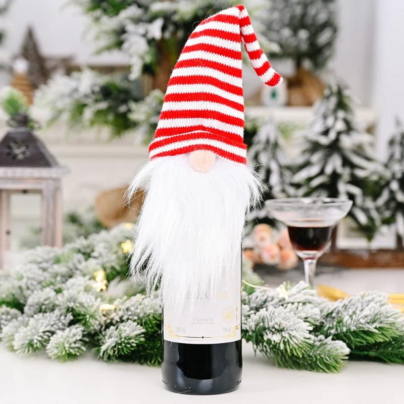 

Christmas Wine Bottle Cover Santa Claus Faceless Doll Champagne Bottle Cover Christmas Party Beer Bottle Decor Supplies New Year D Style Red White Stripes