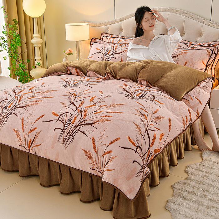 Cozy Flannel 230g Milk Velvet Printed Bed Set with Skirt - New Autumn/Winter Collection, Hot Seller