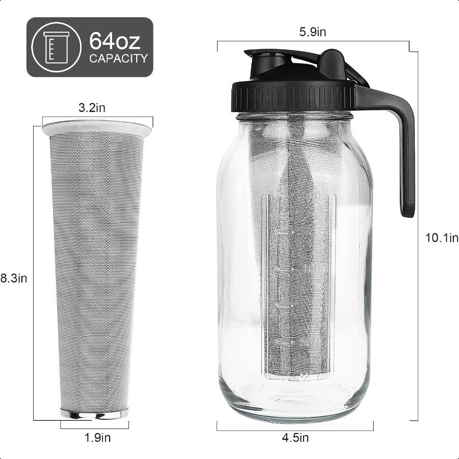 

Кофеварка Cold Brew64 унции Кувшин Мейсона со стальным фильтром Носик для наливания Ручка Крышка Сверхпрочное стекло Герметичный и Л United States