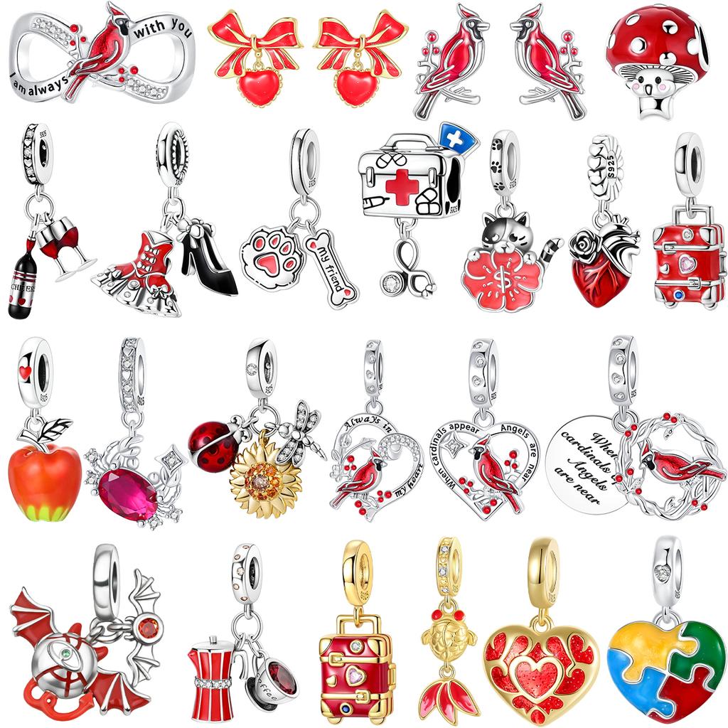 New Original Copper Red Charms Red Bird Heart Mushroom Beads Pendants Fit Bracelet Necklace Diy Jewelry Gift
