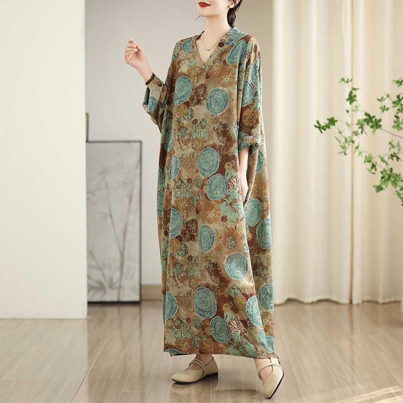 Women's New Color V-neck Retro Long Skirt Cotton Linen Dress