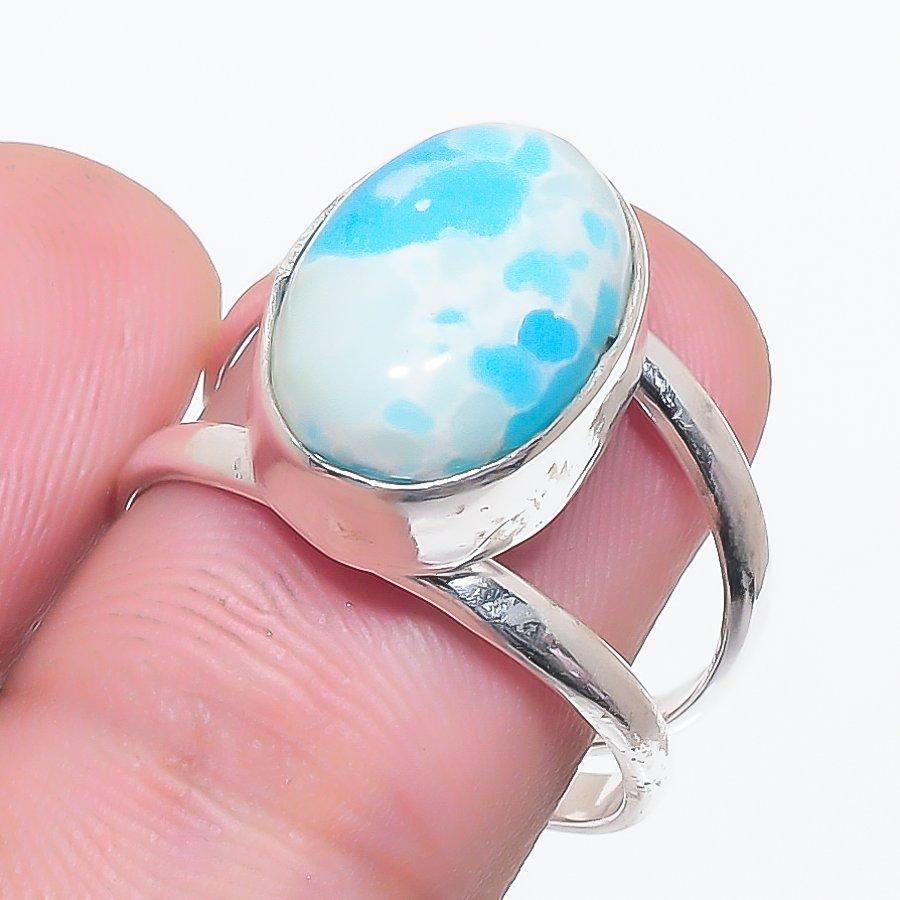 Natural Larimar Gemstone Handmade 925 Sterling Silver Jewelry Ring Size 7 Z4O56