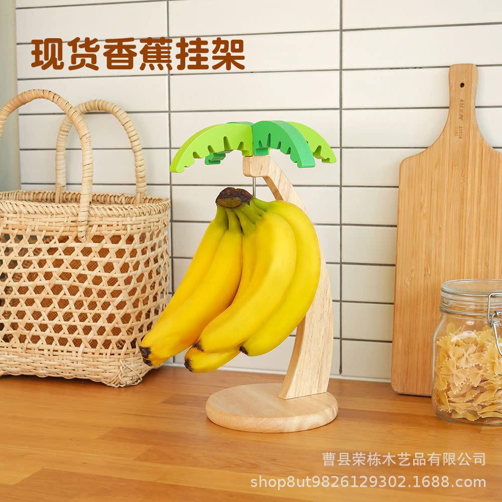Wooden Banana Holder with Leaf Decoration - Desktop Fruit Rack & Kitchen Ornament Regular