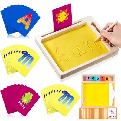 1 conjunto de brinquedo de bandeja de areia para crianças com cartões, caneta, blocos de madeira, pré-escola, número, letra