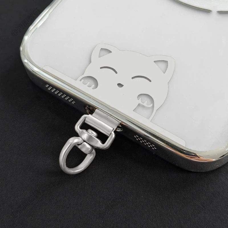 Cute Cat Stainless Steel Phone Lanyard Clip Patch 360° Rotatable Anti-Lost Phone Case Hanging Rope Snap Detachable Ultra-Thin