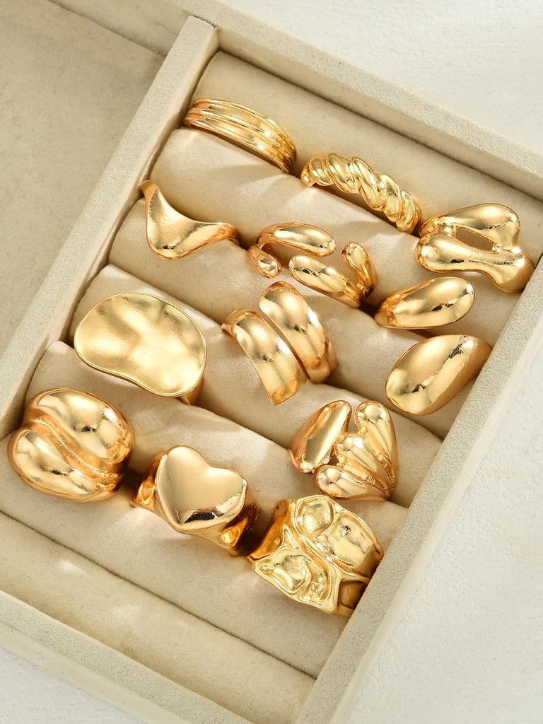 12Pcs Gold Color Lava Texture Ring Set For Women Chunky Statement Irregular Heart Teardrop Stackable Rings Minimalist Jewelry