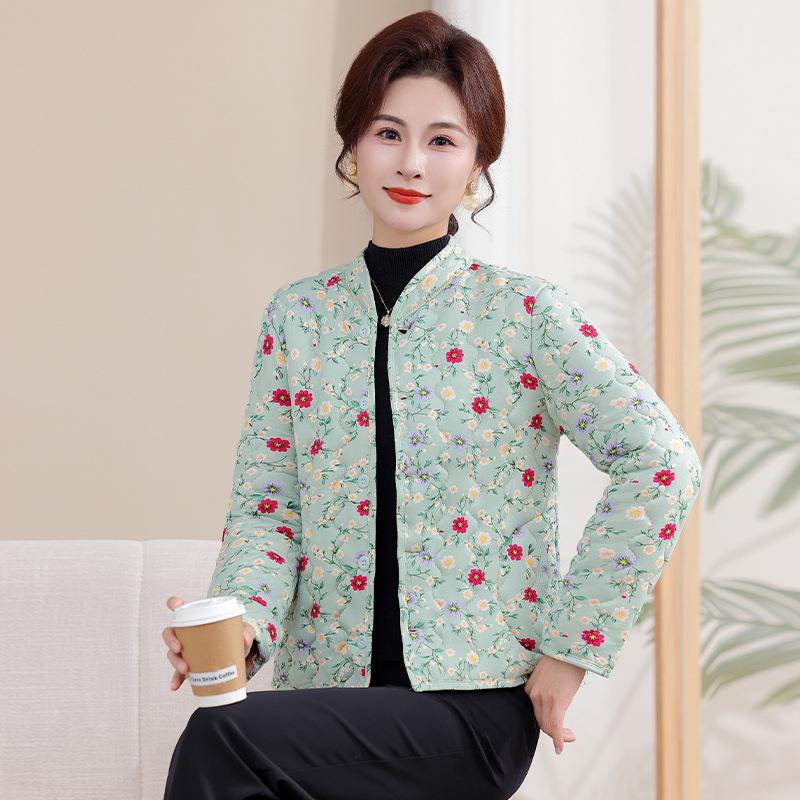Floral Plus-Size Women's Cotton Jacket with Velvet Lining - Warm and Loose for Autumn/Winter
