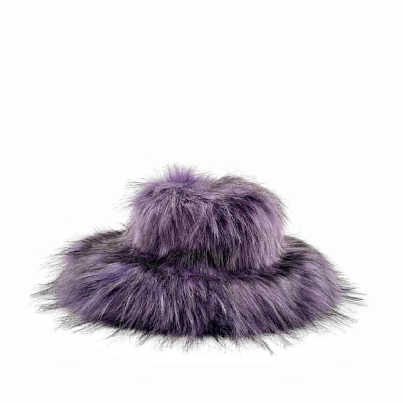Fashion Winter Women Outdoor Warm Plush Faux Fox Fur Fuzzy Warm Fleece Bucket Hats Raccoon Fur Floppy Hat Caps фиолетовый