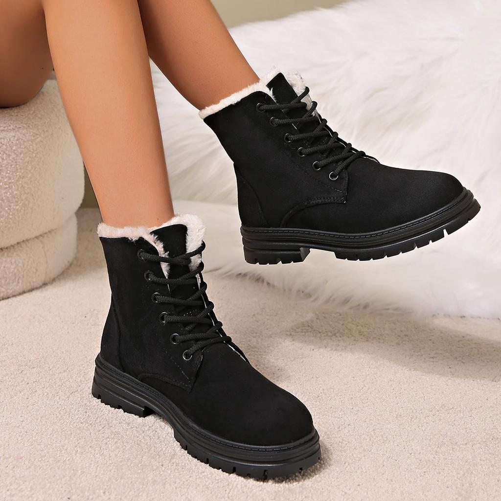 Fashion Women's Thicken Warm Long Plush Ankle Boots Winter 2024 Lace Up Square Heels Snow Boots Women Platform Motorcycle Botas Shoes 42