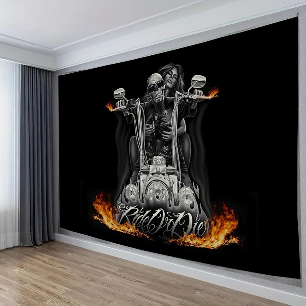 VIKAMA Motorrad Totenkopf Wandteppich Biker Mädchen und Flammender Totenkopf Amerikanischer Retro Wohnzimmer Sofa Hintergrund Wand Raumdekor