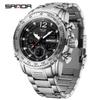 Sanda Men's Dual Display Multifunction Steel Band Sport Waterproof Watch