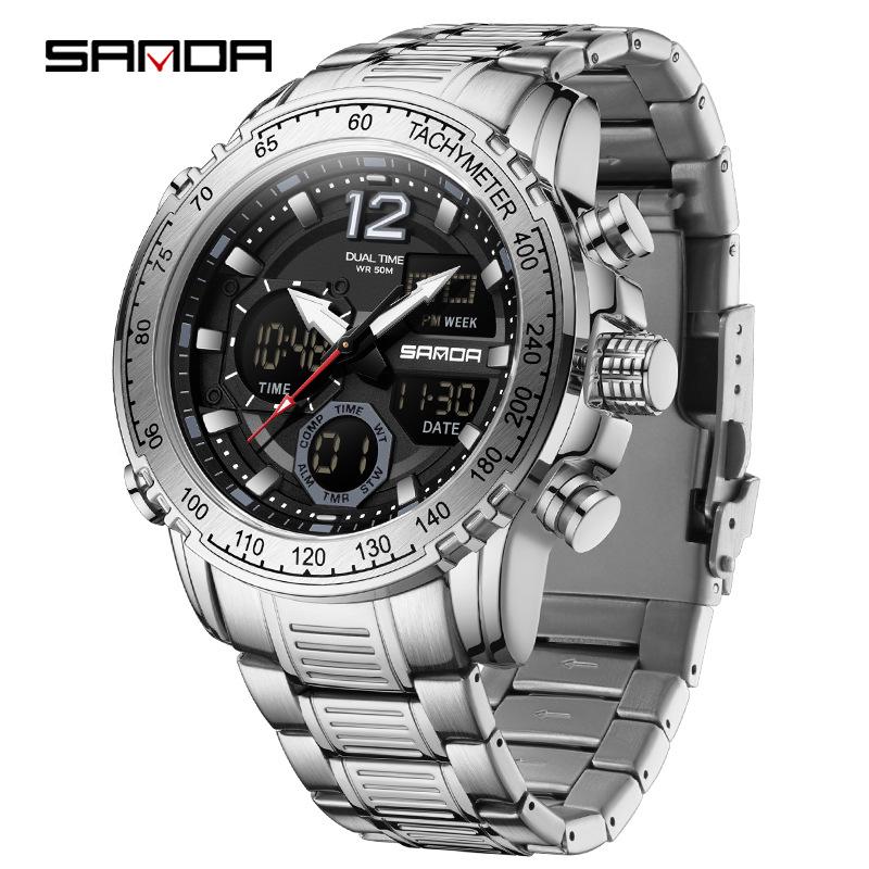 Sanda Men s Dual Display Multifunction Steel Band Sport Waterproof Watch