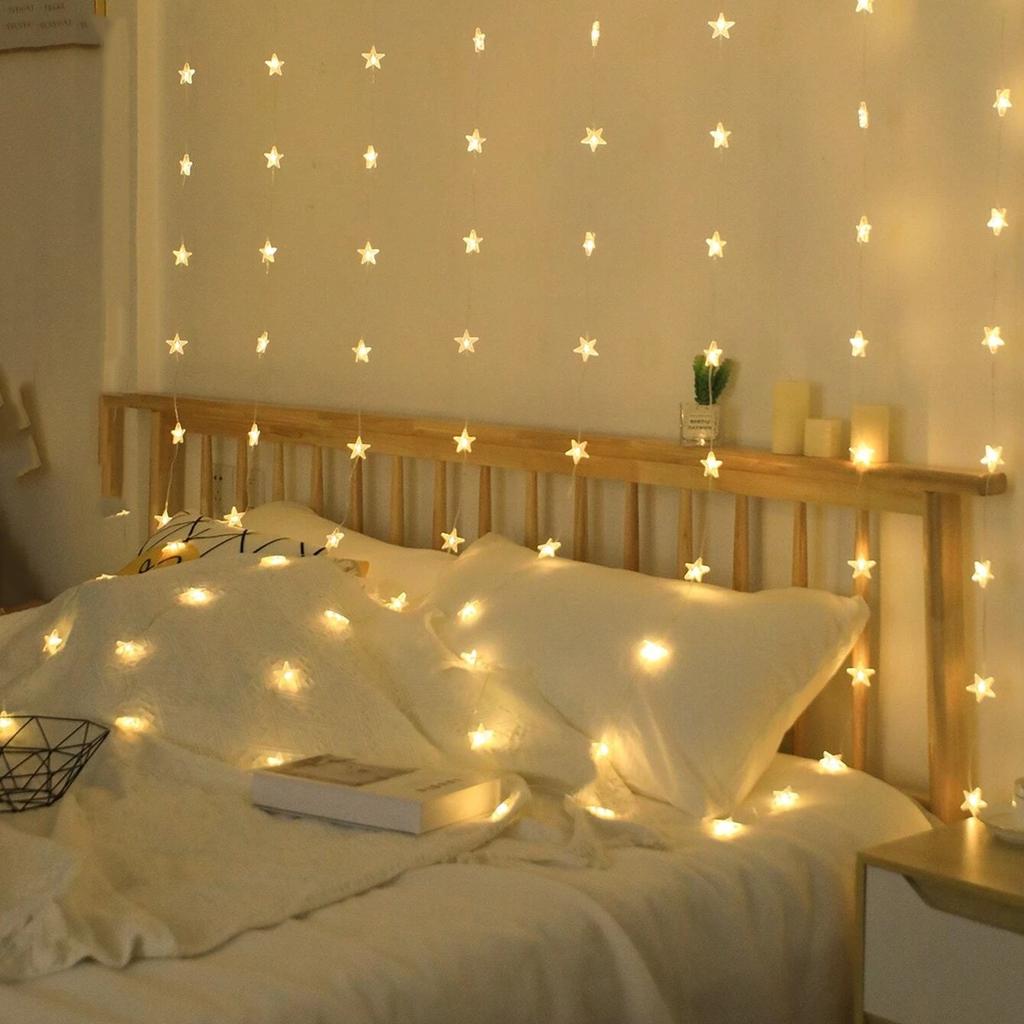 1pc 72LED Star Curtain Lights Charming Fairy Tale Star Shape Hanging Lamp Perfect For Bedroom Wall Courtyard Wedding Party Decor