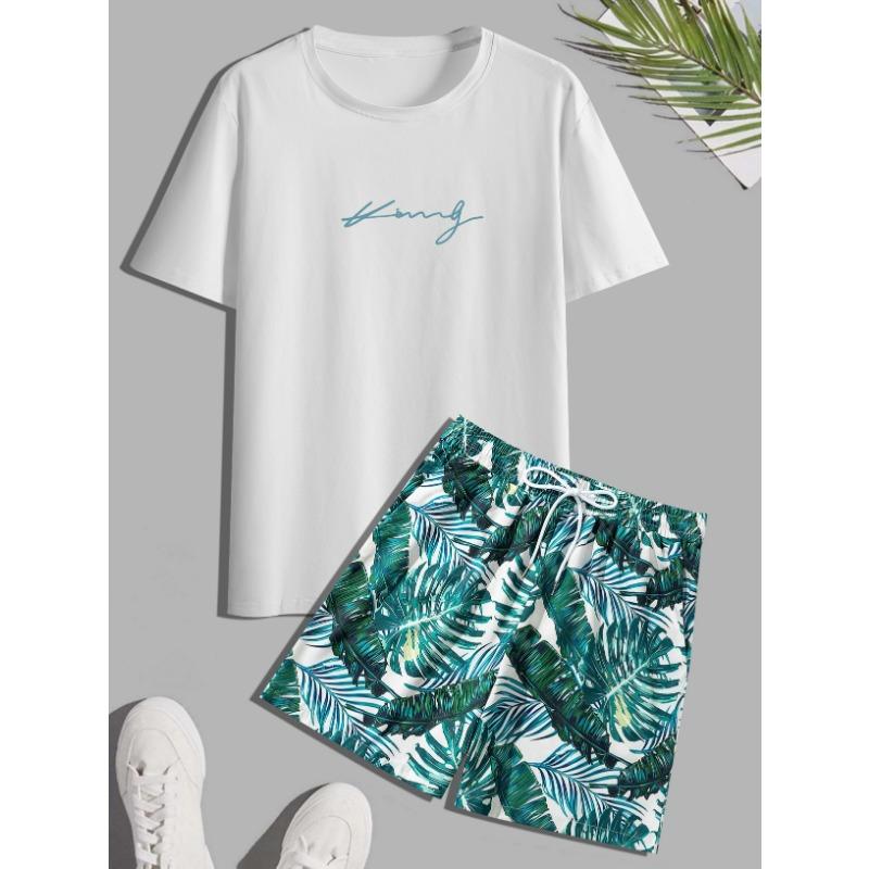 

Men s round neck letter printed T-shirt + random printed beach shorts and shorts set XL