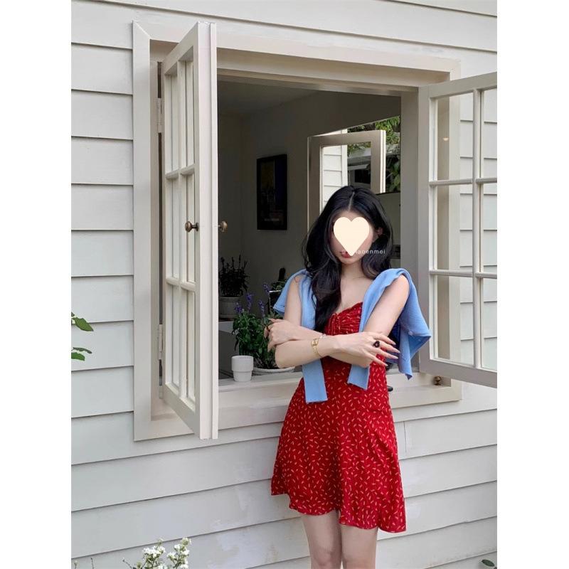 Vintage Spice Girl Folded Red Suspender Dress Women's Summer Vacation Style Slim Fit Waist A-shaped Dress Short Skirt