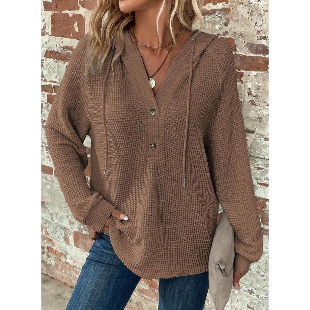 Women's Hoodies, Waffles, Knitwear, Drawstring, Button V-neck, Long Sleeves, Pullovers, Casual, Sports Hoodies