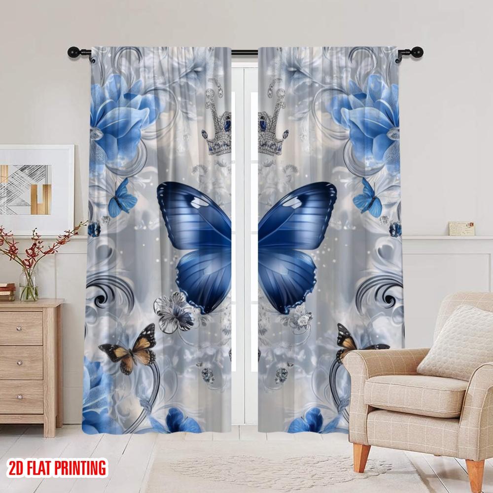 2 szt., Drukowane na płasko 2D Zasłony przepuszczające światło Królewskie motyle Sny Trwała tkanina 100% poliestrowa (bez pręta) Dekoracje