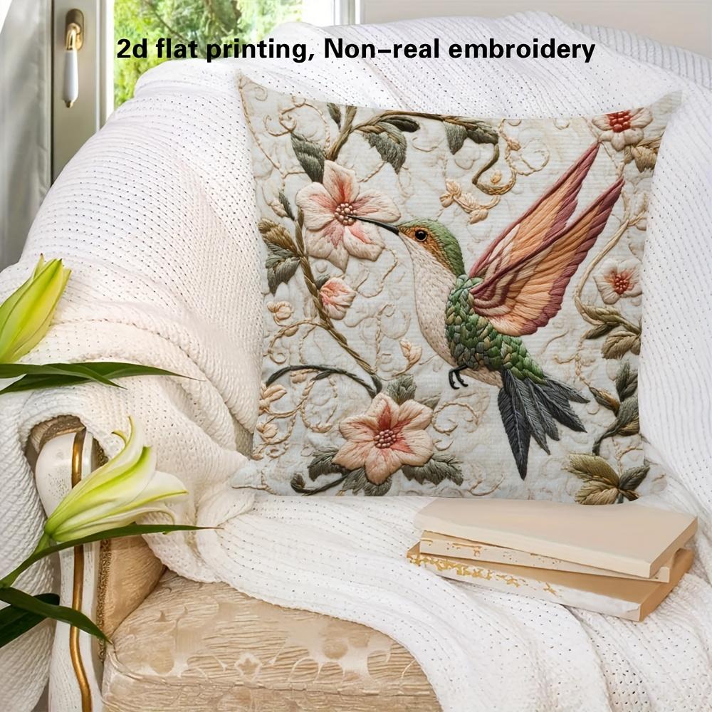 Kolibri Blumig Kissenbezug 2D Gestickter Druck Boho Vintage Botanisch Kissenhülle Für Sofa Bett Couch Gemütliche Wohnkultur