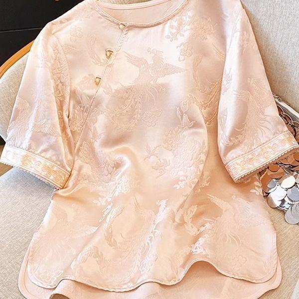 

Jacquard satin short-sleeved shirt women s 2025 summer new fashion temperament acetate pink top M (recommended within 50kg) рожевий