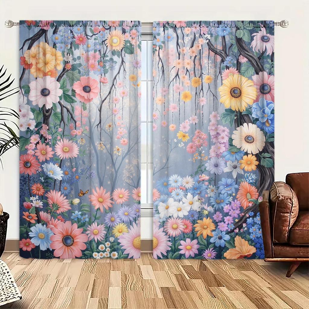 2-Panels Colorful Marigold Printed Curtains - Heat-insulating   Suitable for Decorating Curtains in Various Rooms