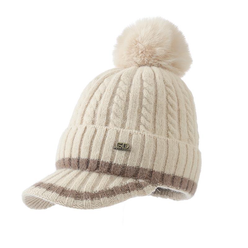 Korean Version of Versatile Wool Ball Plus Velvet Thickened Warm Hat Autumn and Winter Outdoor Leisure Cold-proof Duckball Cap Knitted Wool Cap