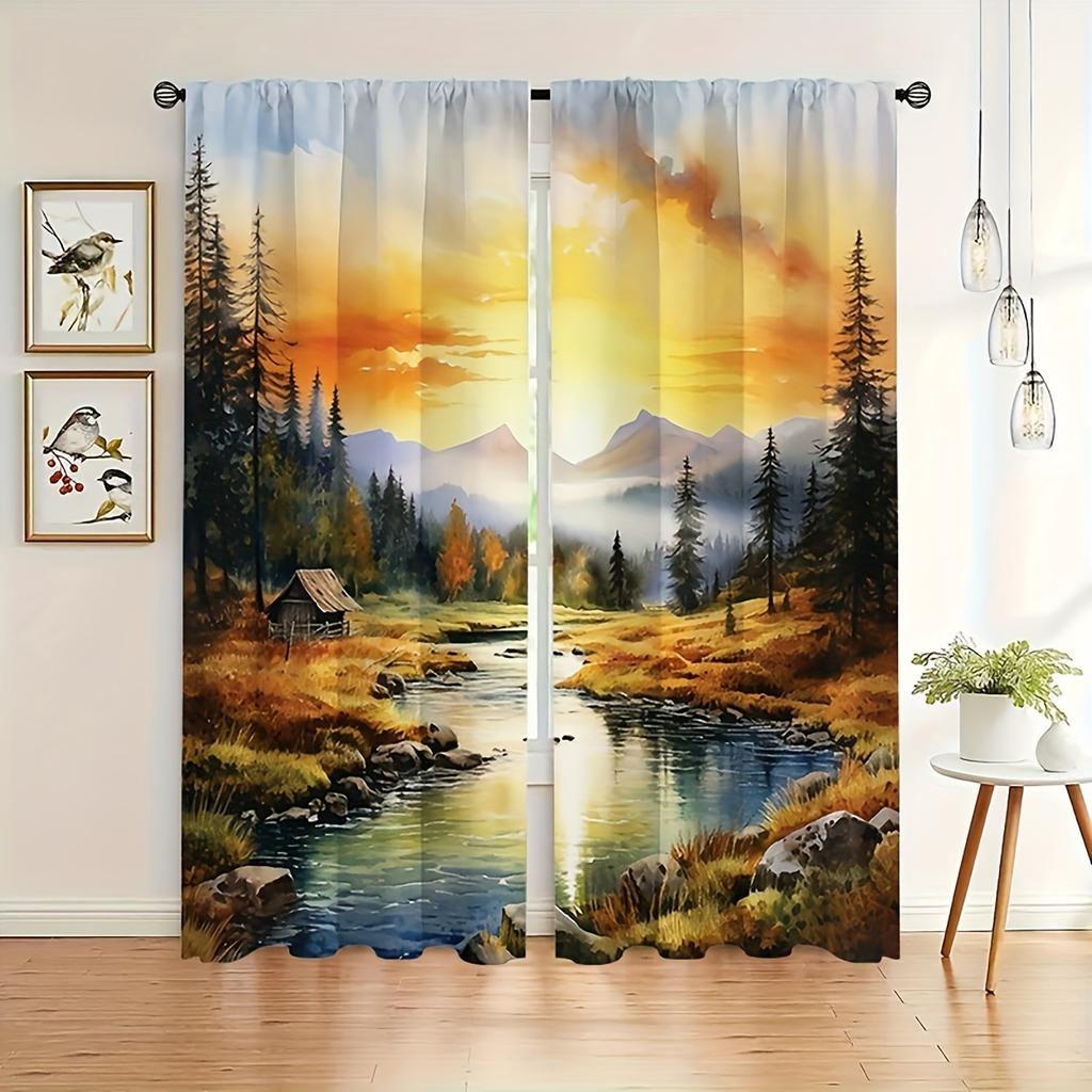 Country Sunset Pattern Curtains Polyester Fabric Suitable Bedroom Living Room Decoration Made Of Machine Washable Decor